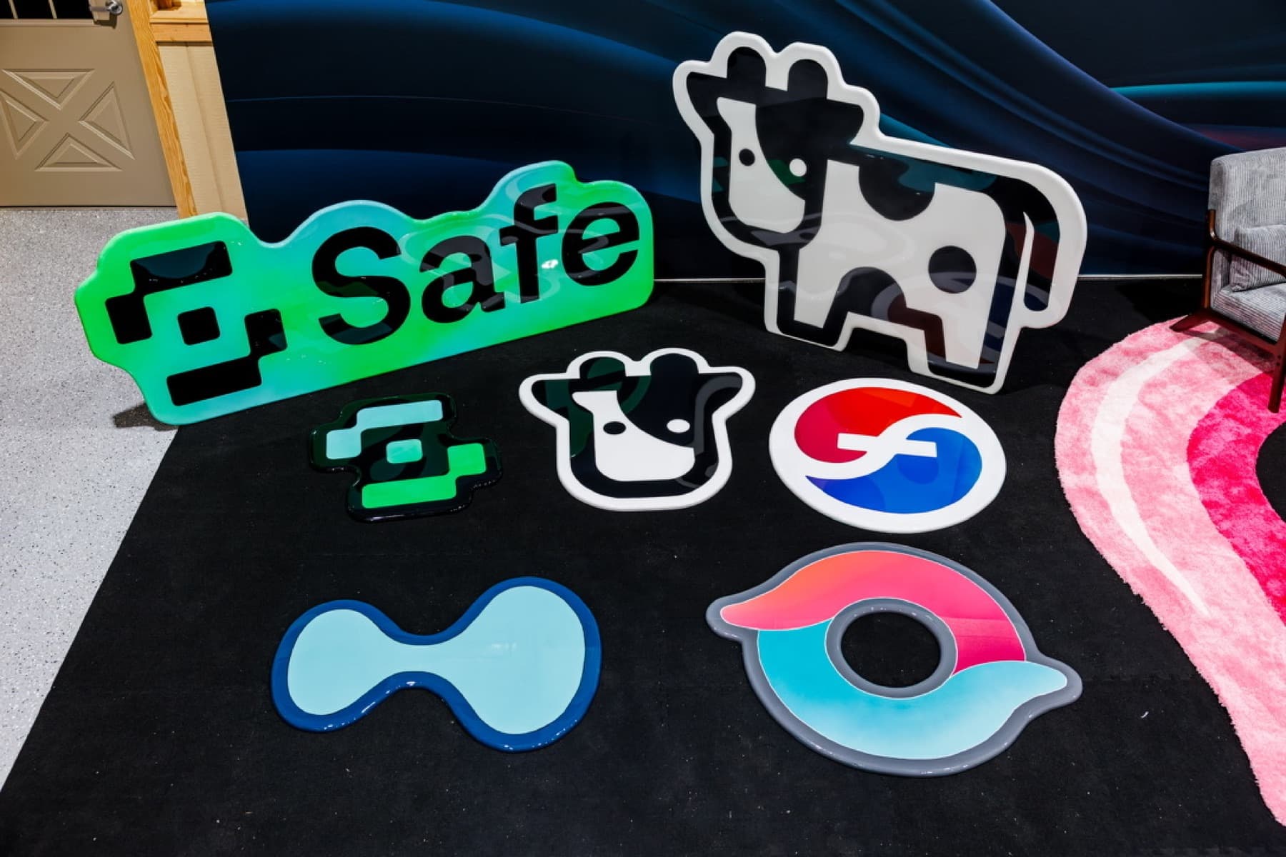 Gloss wood signs for Safe, Beefy and other protocols laid out on the rug
